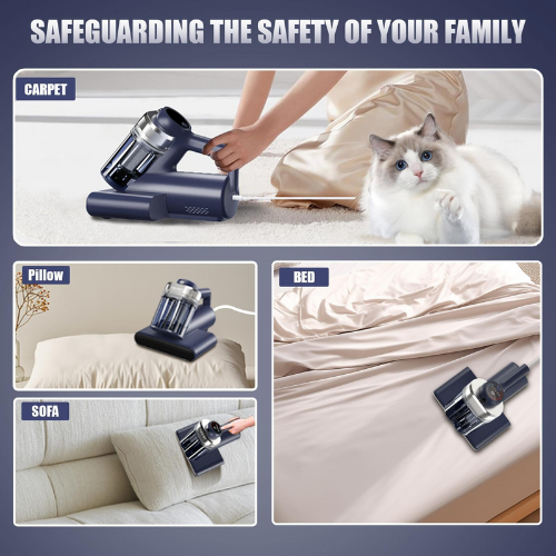 Mattress Vacuum Bed Vacuum Cleaner with 253.7nm UV-C Light, Hyper Helix Motor with 16kPa Strong Suction & 33000 RPM/Min Tapping, HEPA Filter, 149℉ Heat & Ultrasonic & Anion for Bed and Pet