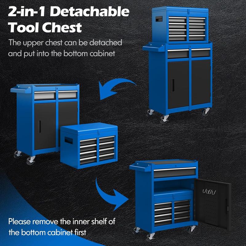 2-in-1 Rolling Tool Chest with 5 Sliding Lockable Drawers