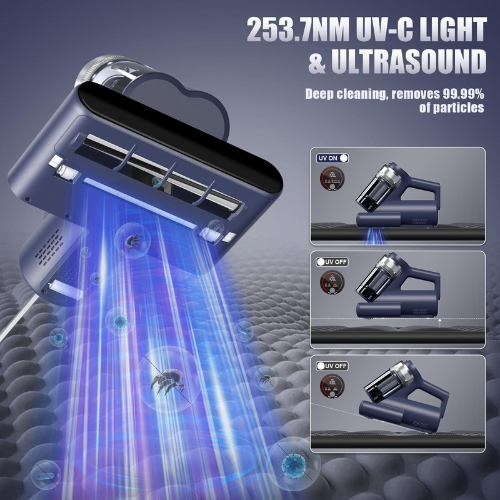 Mattress Vacuum Bed Vacuum Cleaner with 253.7nm UV-C Light, Hyper Helix Motor with 16kPa Strong Suction & 33000 RPM/Min Tapping, HEPA Filter, 149℉ Heat & Ultrasonic & Anion for Bed and Pet