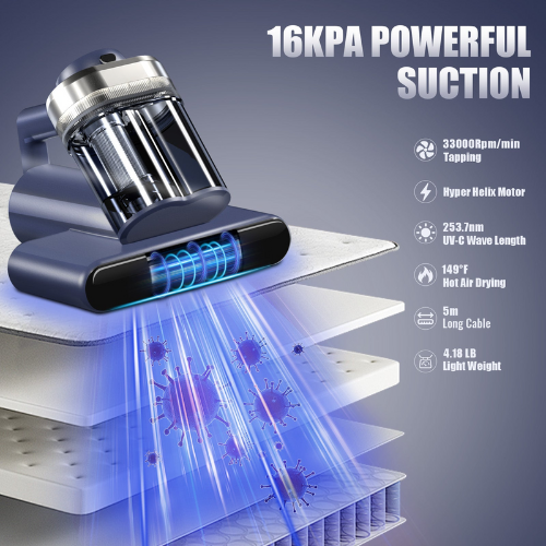 Mattress Vacuum Bed Vacuum Cleaner with 253.7nm UV-C Light, Hyper Helix Motor with 16kPa Strong Suction & 33000 RPM/Min Tapping, HEPA Filter, 149℉ Heat & Ultrasonic & Anion for Bed and Pet