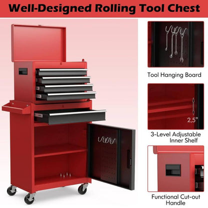 2-in-1 Rolling Tool Chest with 5 Sliding Lockable Drawers