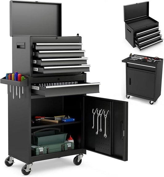 2-in-1 Rolling Tool Chest with 5 Sliding Lockable Drawers